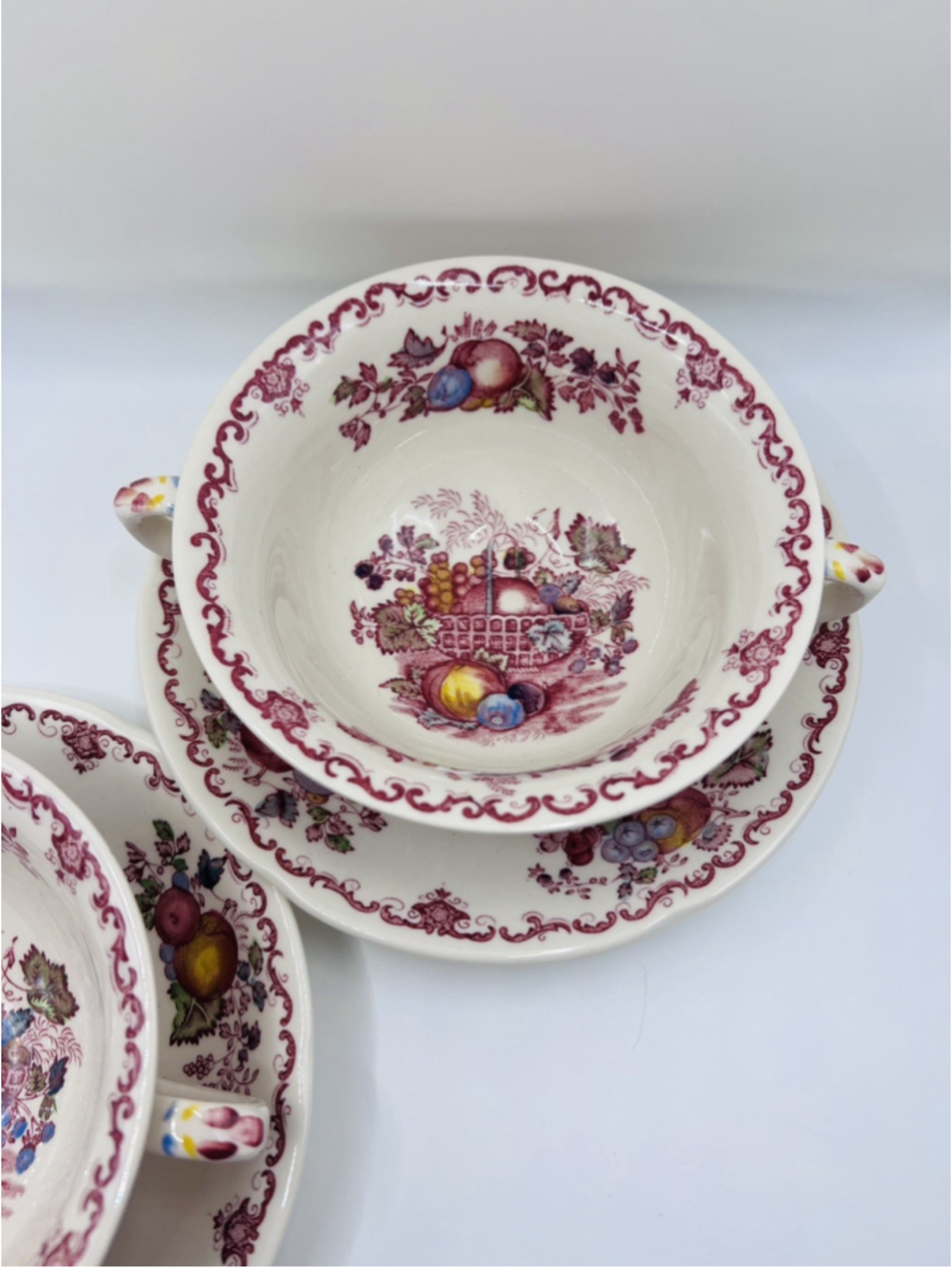 Set of (2) Masons Fruit Basket Soup Bowls Double Handle Mugs Saucers Tea Cups - Picture 4 of 8